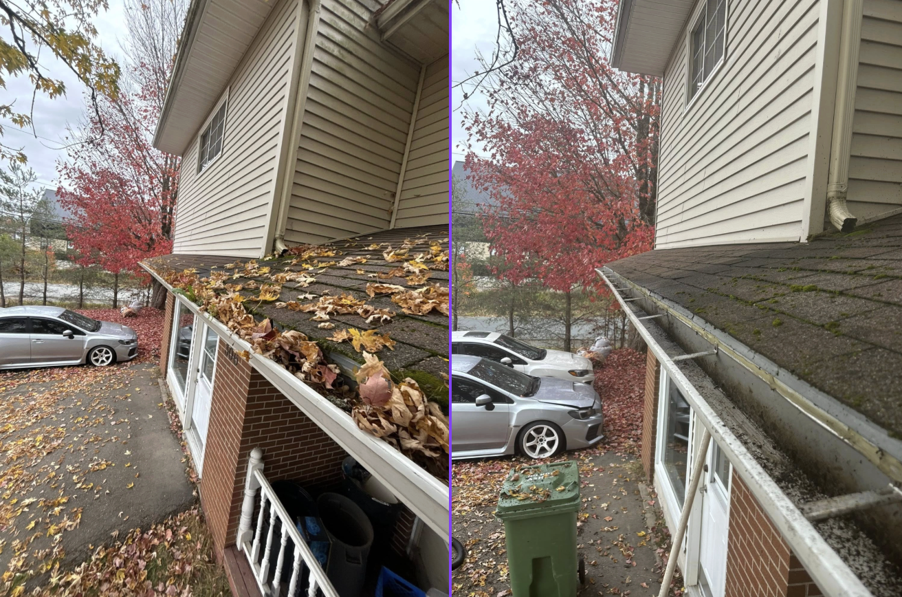 Before and after gutter cleaning on a Nova Scotia home — leaves and moss removed