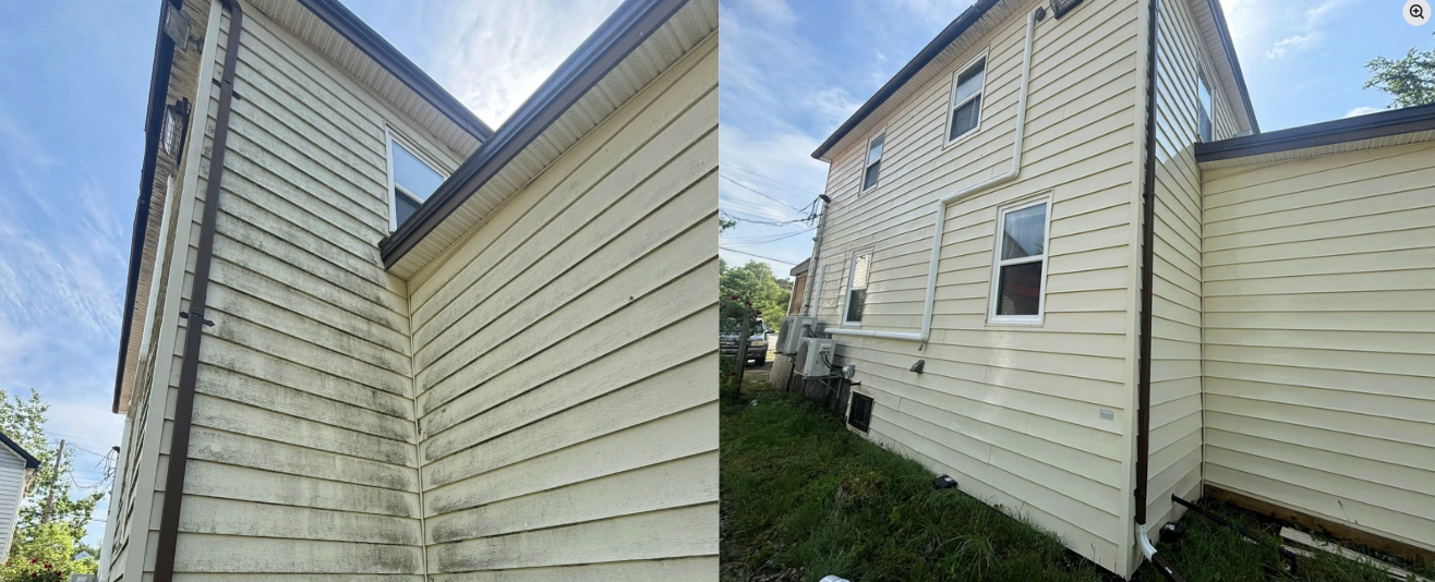 Before and after soft wash on dirty siding — mildew and grime removed
