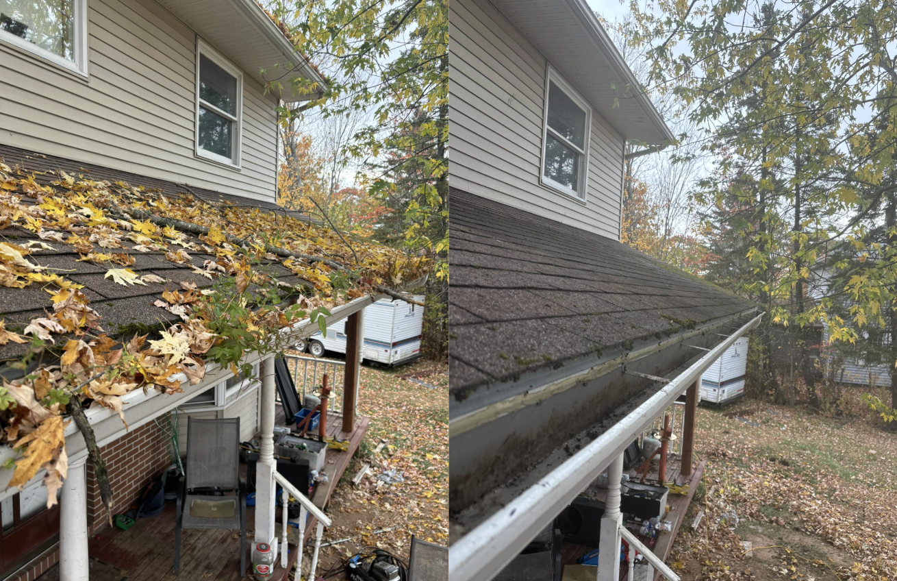 Before and after roof and gutter cleaning — leaves and debris cleared